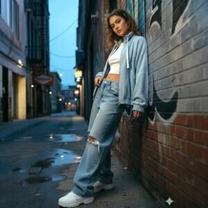 BDG Evie Fleece Baby Blue Full Zip Jacket Slouchy Oversized Streetwear Medium